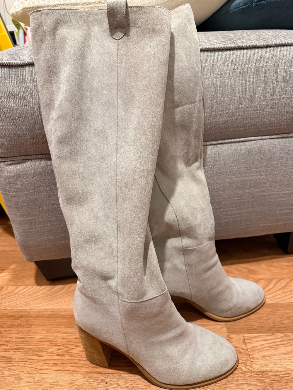 Vici Over-the-Knee Suede Block Heel Boots — Light Beige